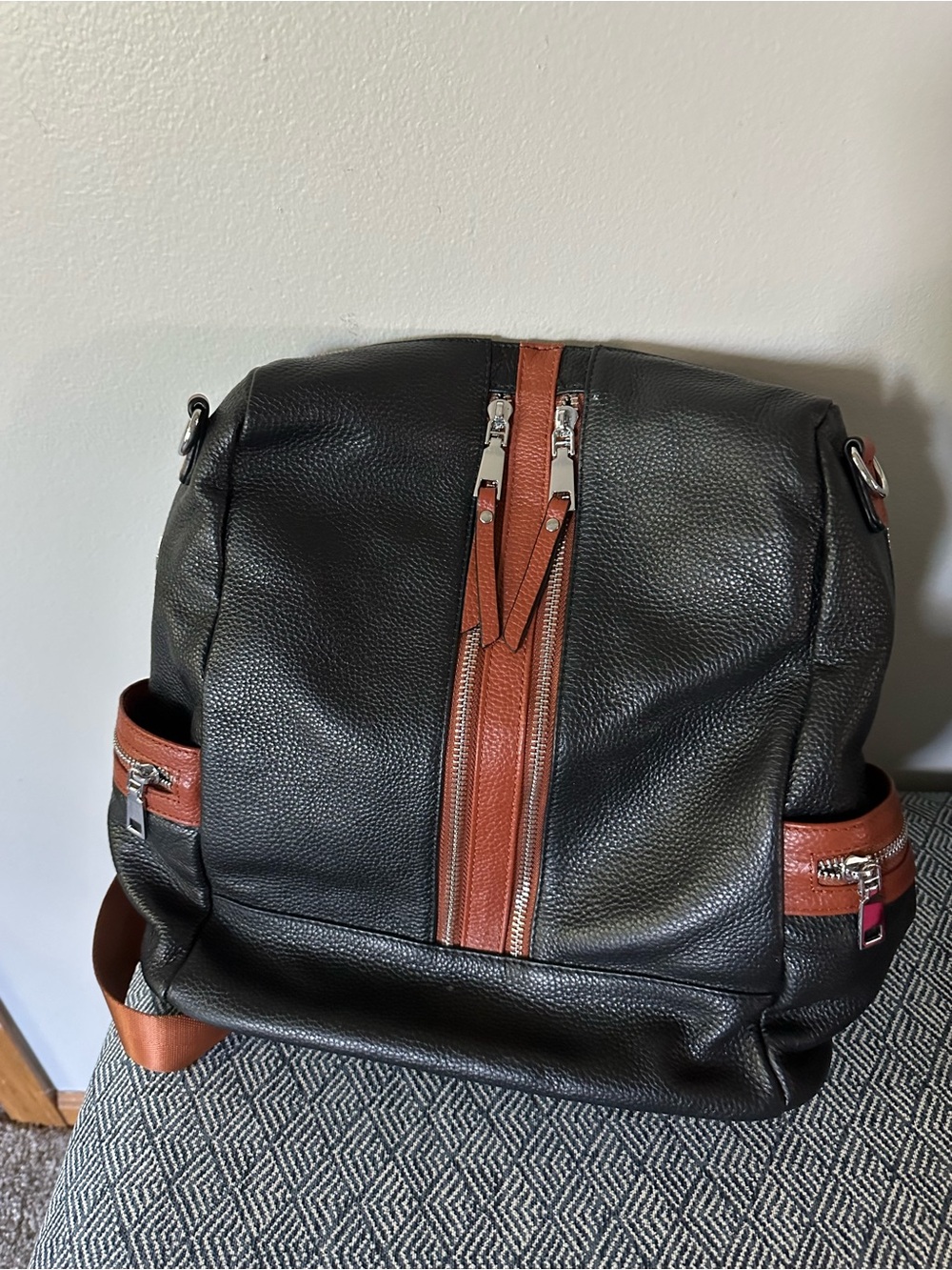 Women's Black Faux Leather Backpack with Brown Accents - Sleek Everyday Carry